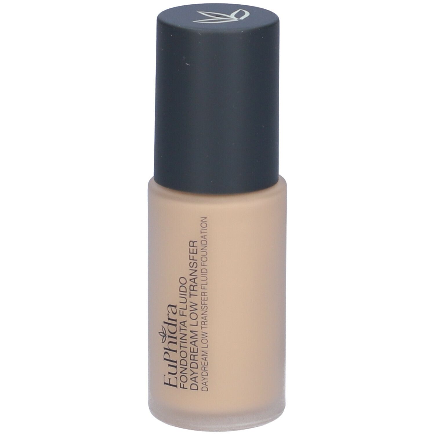 Fondotinta fluido beige in flacone cilindrico con tappo scuro. Scritta: Euphidra Fondotinta Fluido Daydream Low Transfer.