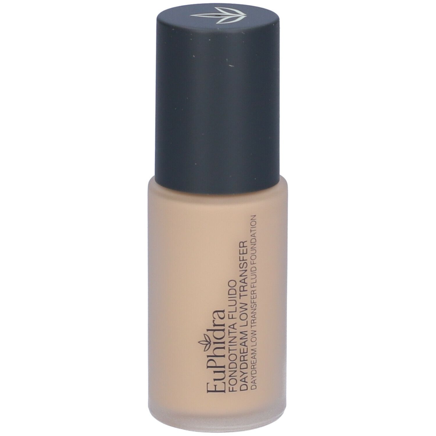 Fondotinta fluido beige in flacone cilindrico con tappo scuro. Scritta: Euphidra Fondotinta Fluido Daydream Low Transfer.