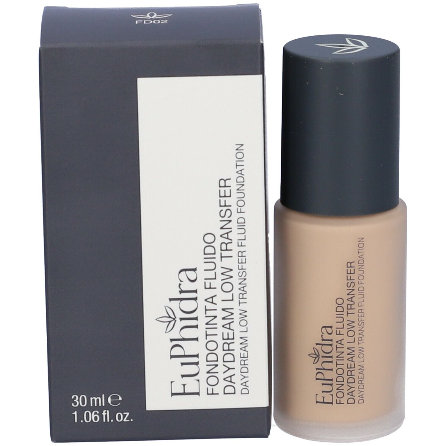 Fondotinta fluido beige e confezione. Scritta: Euphidra Fondotinta Fluido Daydream Low Transfer, 30 ml.