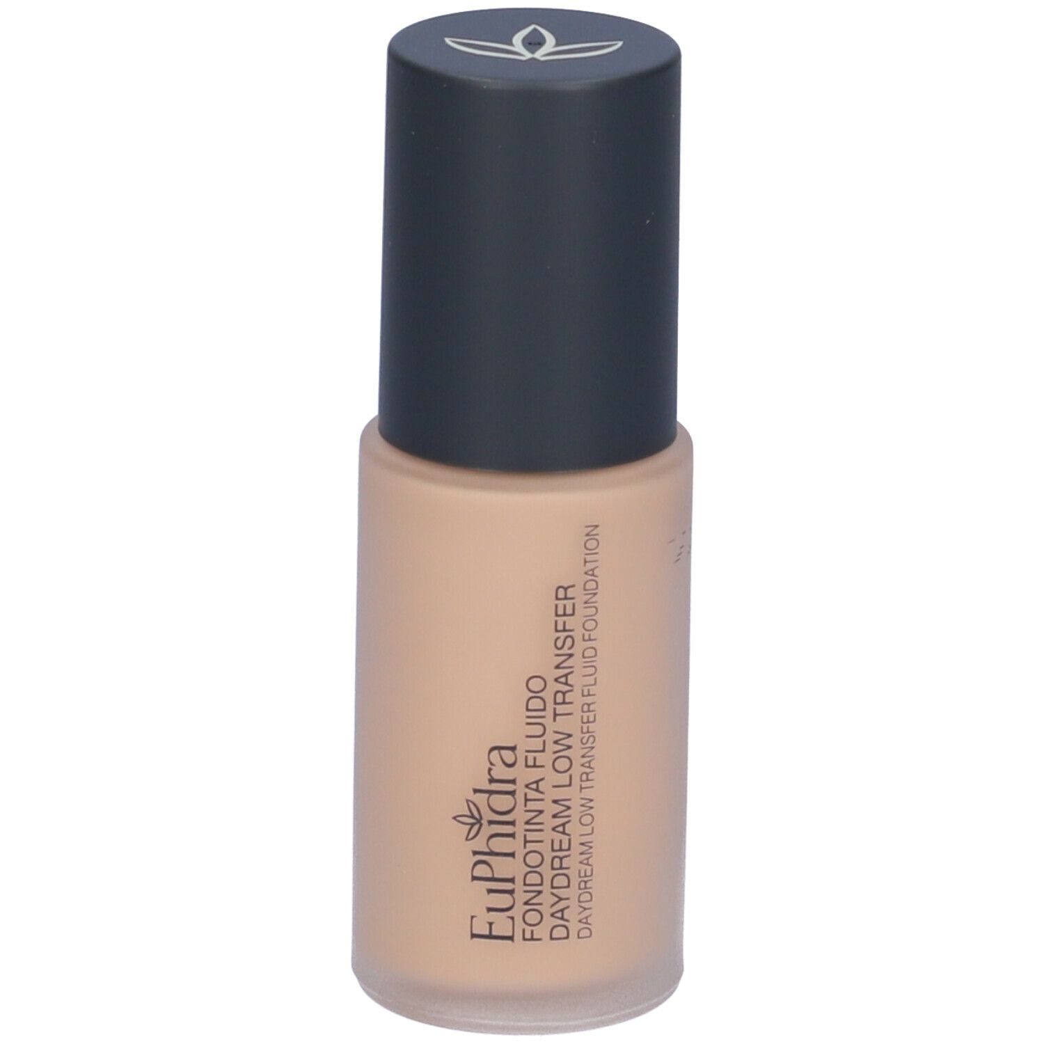 Fondotinta fluido beige in flacone con tappo nero. Scritta: Euphidra, Fondotinta Fluido, Daydream Low Transfer.