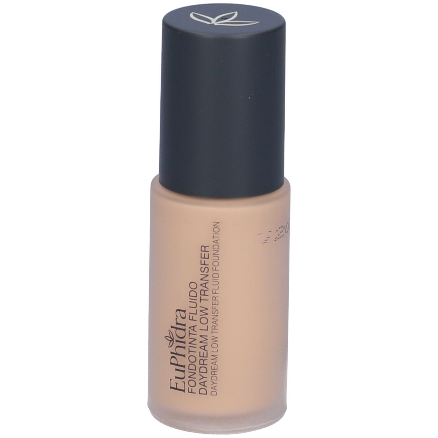 Fondotinta fluido beige in flacone con tappo nero. Scritta: Euphidra, Fondotinta Fluido, Daydream Low Transfer.