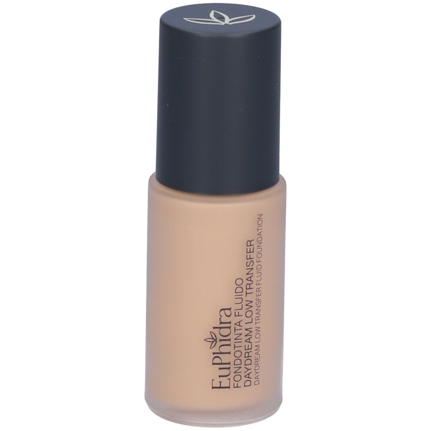 Fondotinta fluido beige in flacone con tappo nero. Scritta: Euphidra, Fondotinta Fluido, Daydream Low Transfer.