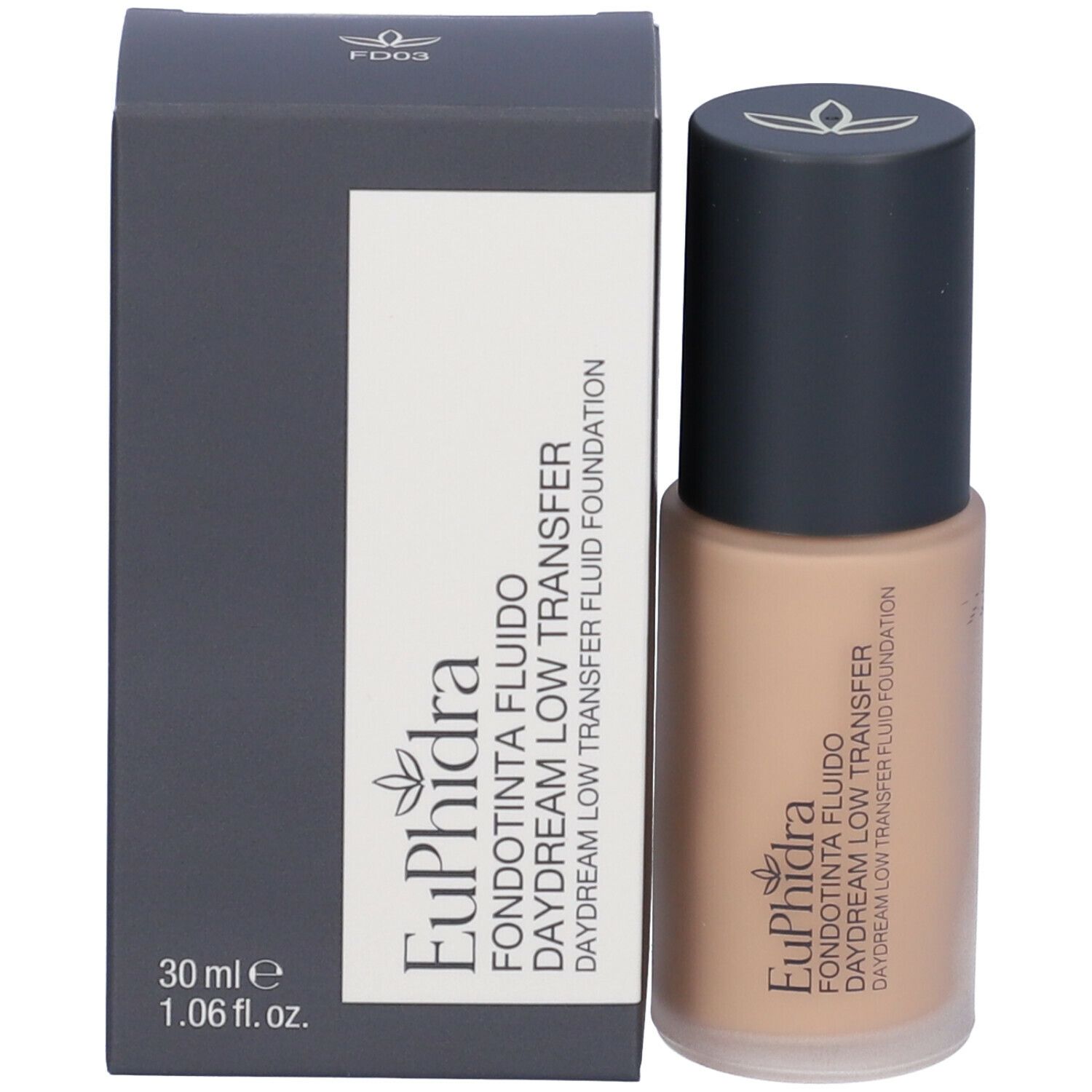 Fondotinta e confezione. Scritta: Euphidra, Fondotinta Fluido, Daydream Low Transfer, 30 ml.
