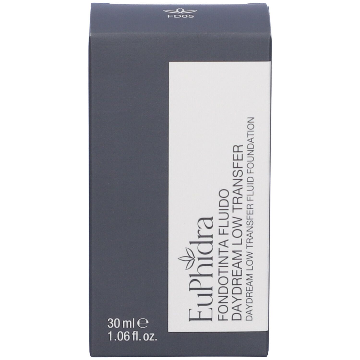Confezione per fondotinta. Scatola grigia con campo bianco e scritta: Euphidra Fondotinta Fluido Daydream Low Transfer.