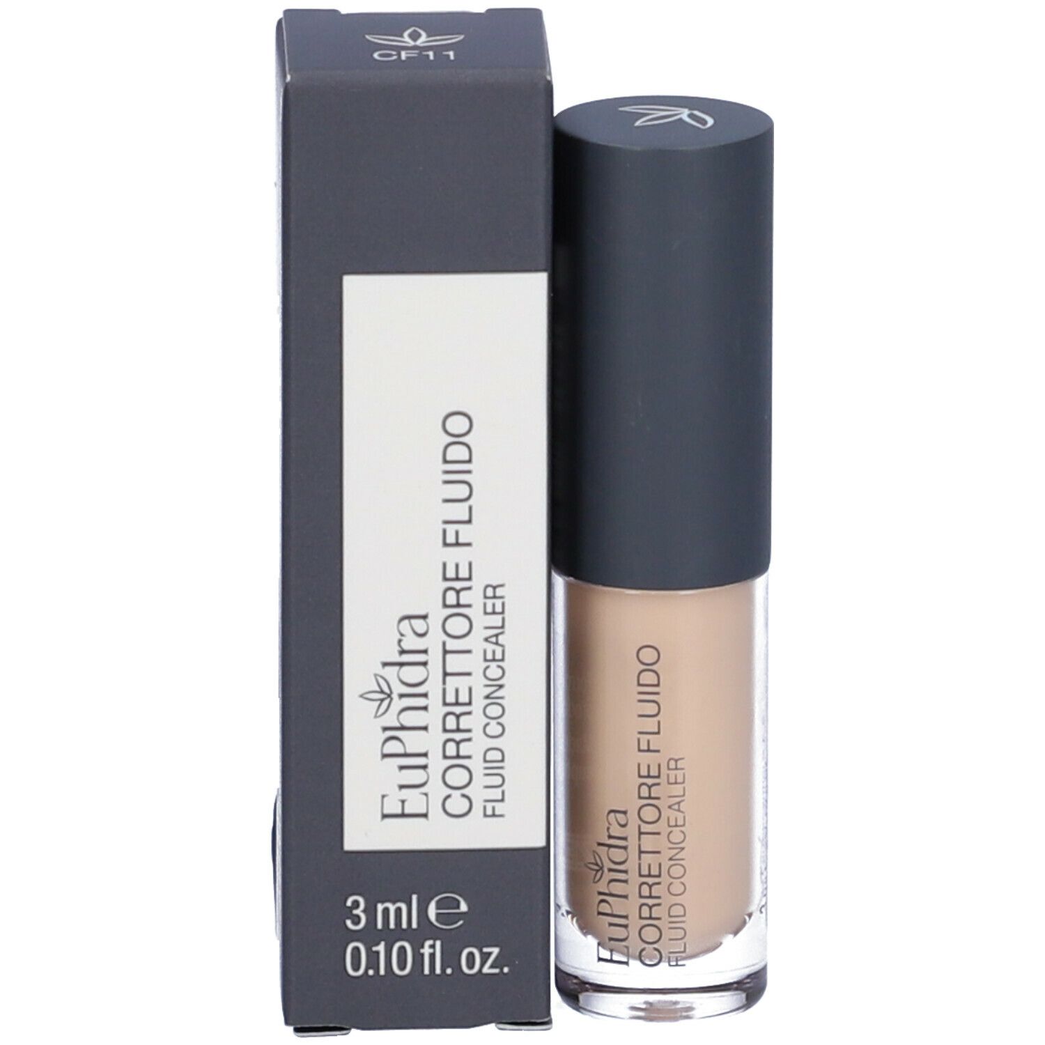 Correttore fluido con confezione. Scritta: Euphidra Correttore Fluido, 3 ml, 0.10 fl. oz.