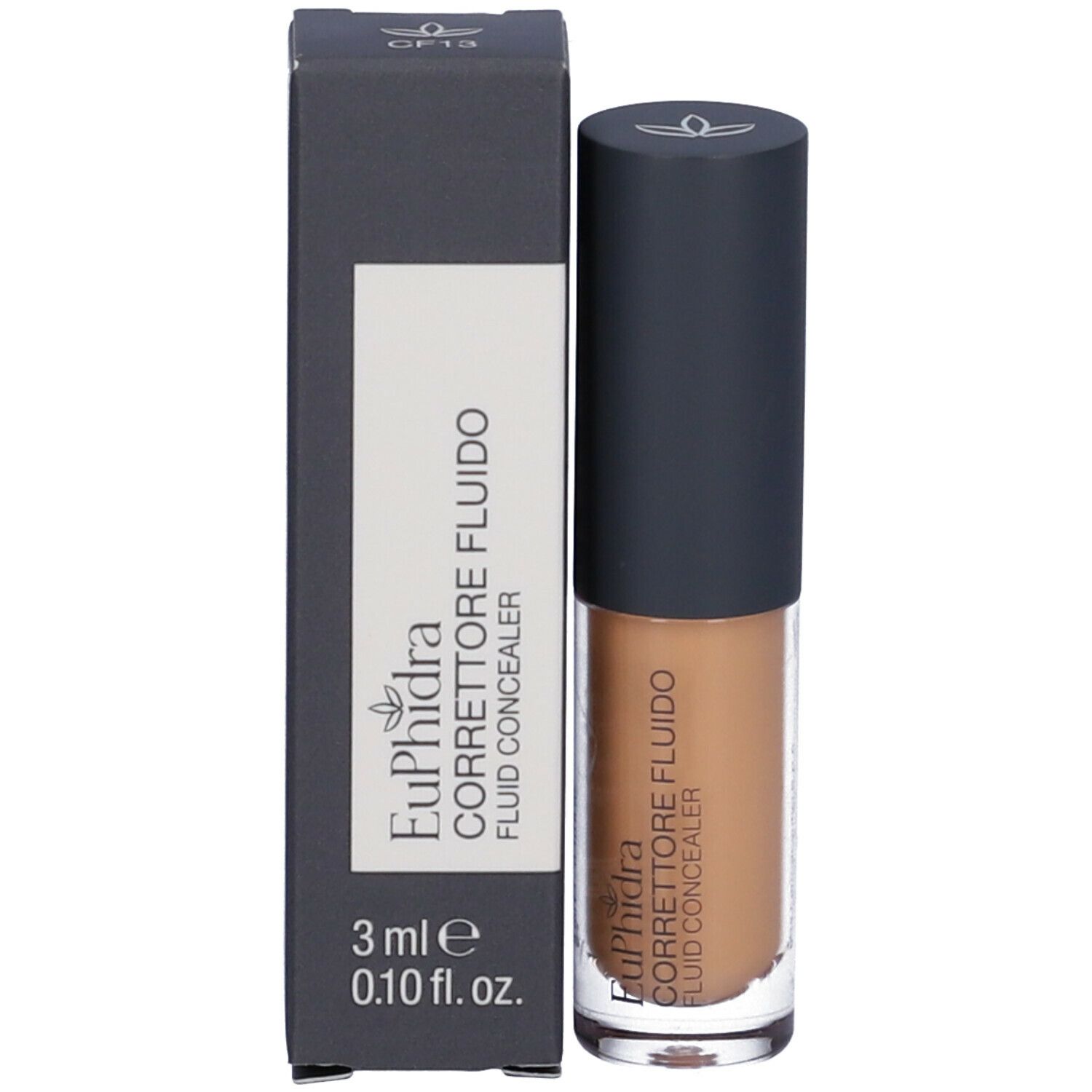 Correttore fluido in flacone e confezione. Scritta: Euphidra Correttore Fluido, 3 ml.