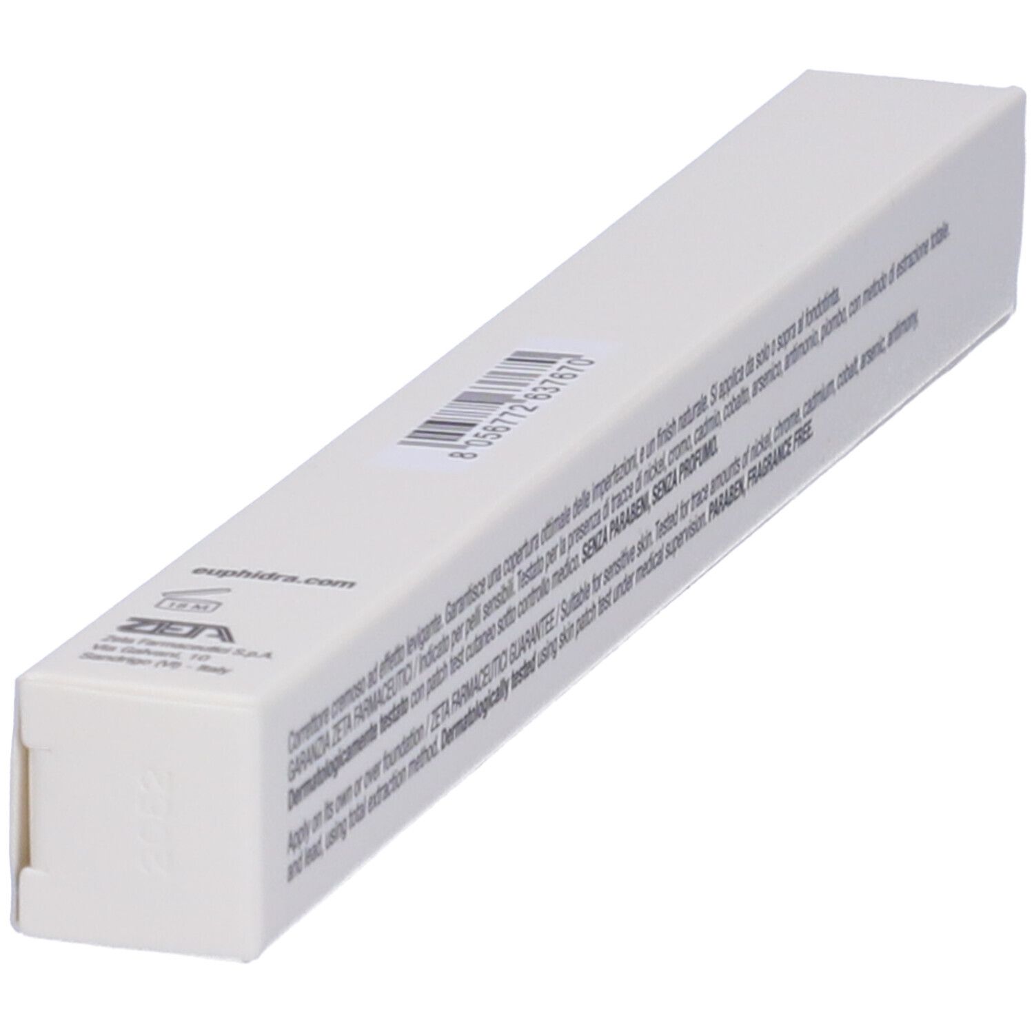 Weiße rechteckige Verpackung mit Barcode und Text.
