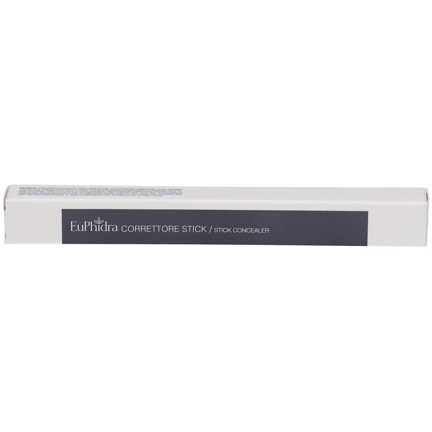Weiße Verpackung mit dunklem Band, auf dem 'Eu.Phidra CORRETTORE STICK / STICK CONCEALER' steht.