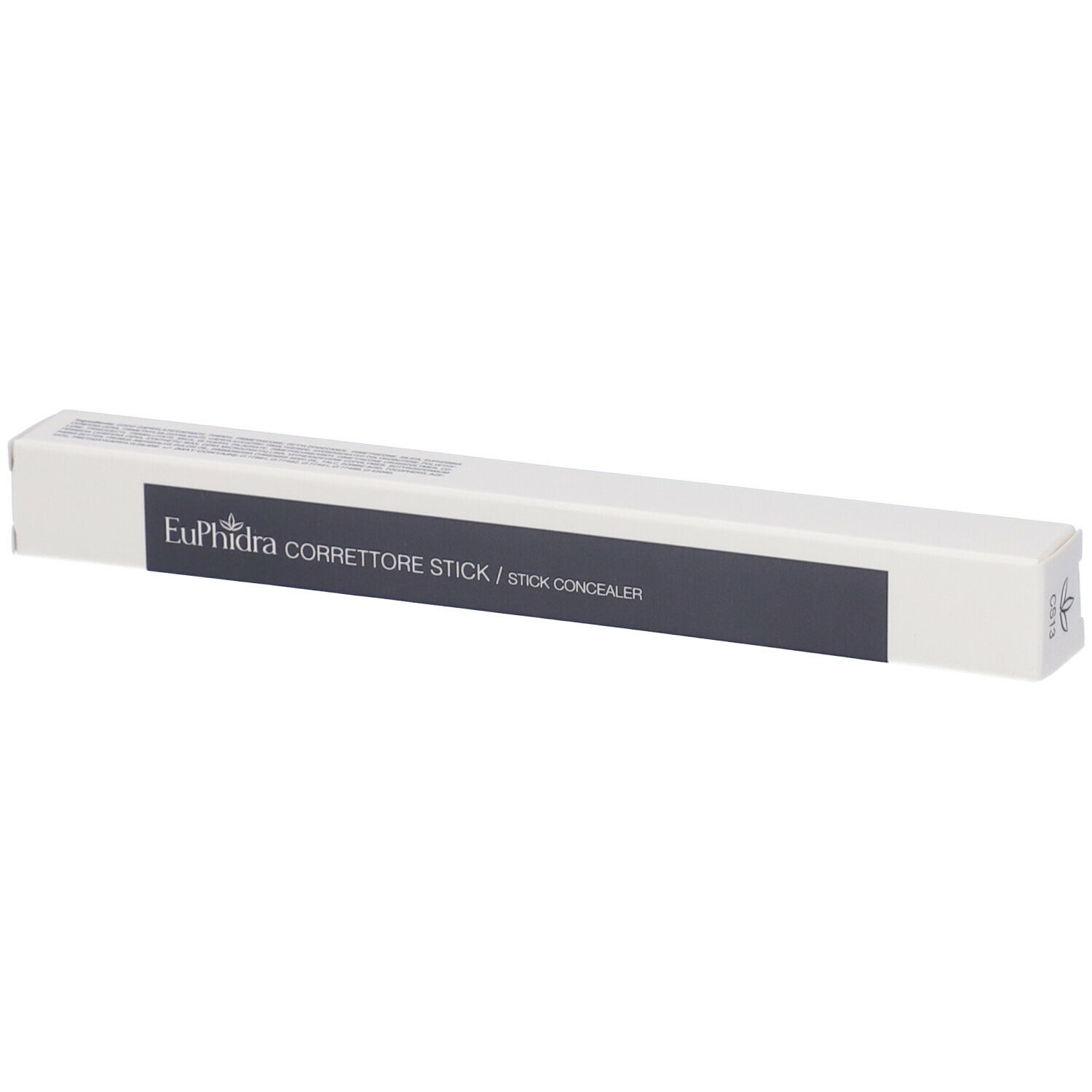 Confezione bianca con fascia grigia. Scritta: Euphidra Correttore Stick / Stick Concealer.