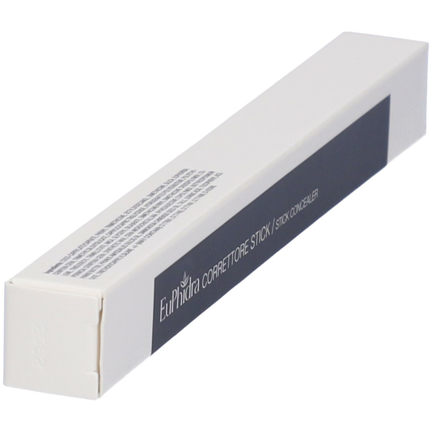 Confezione bianca inclinata con fascia grigia. Scritta: Euphidra Correttore Stick / Stick Concealer.