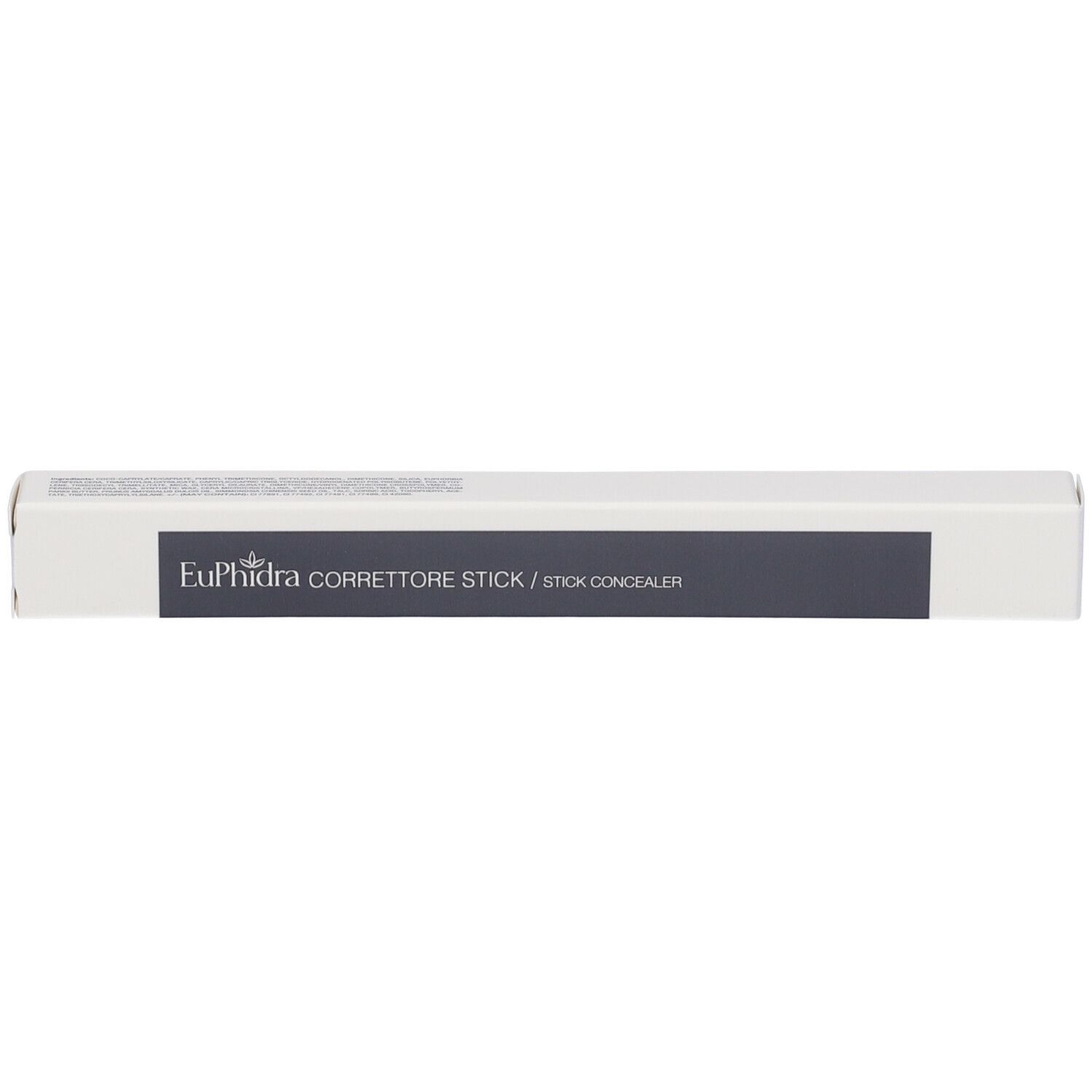 Confezione bianca con fascia grigia. Scritta: Euphidra Correttore Stick / Stick Concealer.