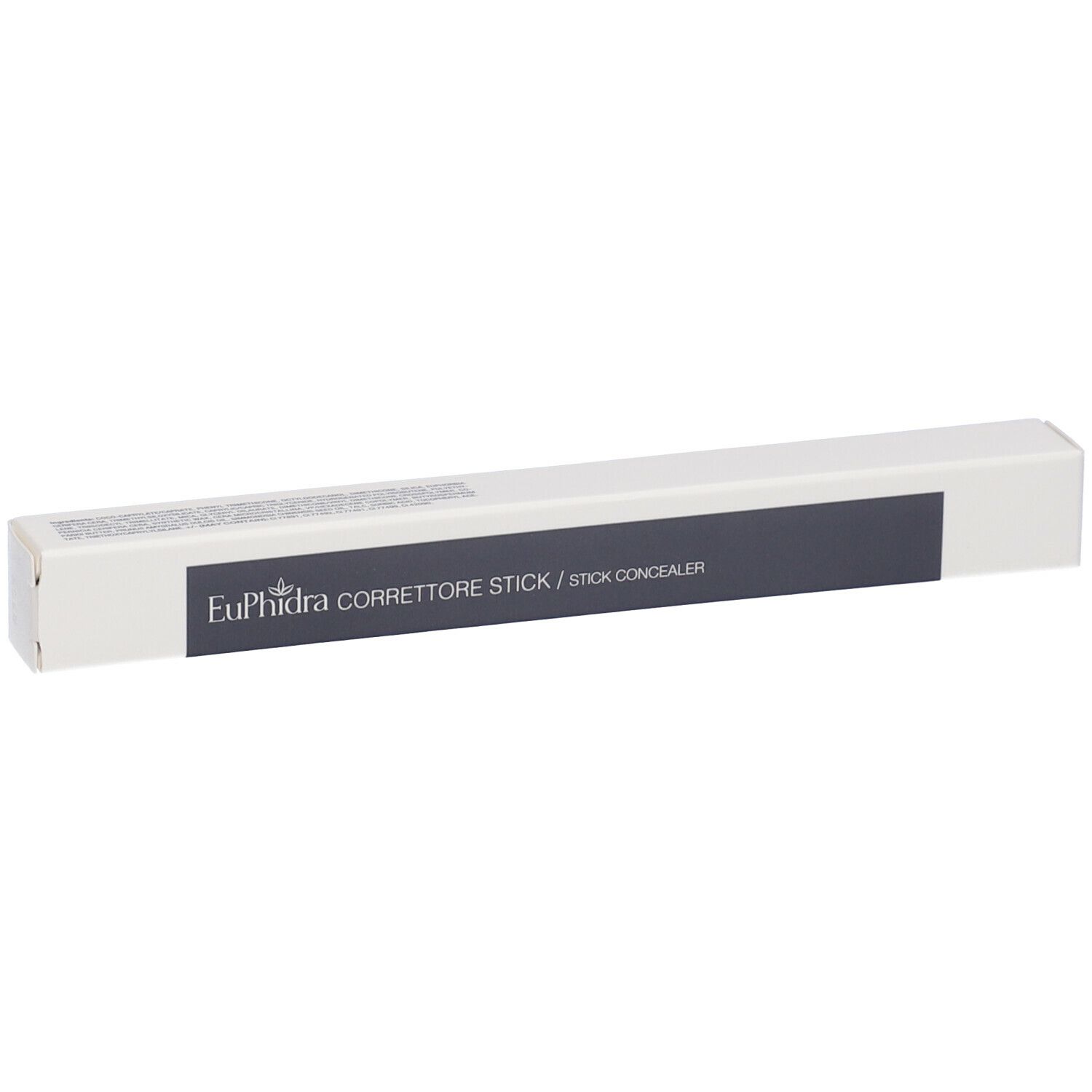 Confezione bianca con fascia grigia. Scritta: Euphidra Correttore Stick / Stick Concealer.