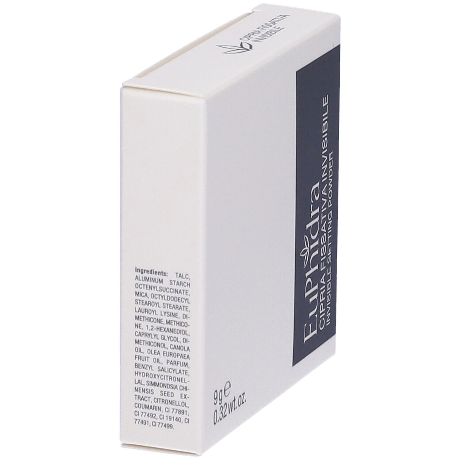 Weiße Kartonverpackung für unsichtbares Fixierpuder, 9g.