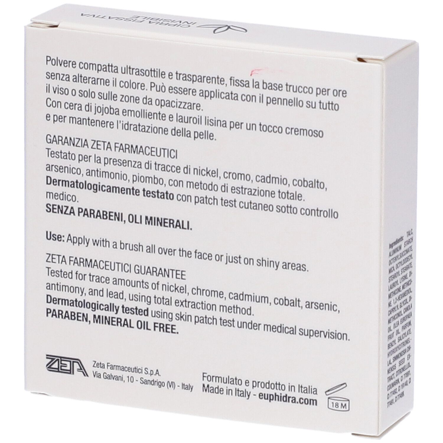 Kompaktpuder-Verpackung mit Produktinformationen und Inhaltsstoffen.