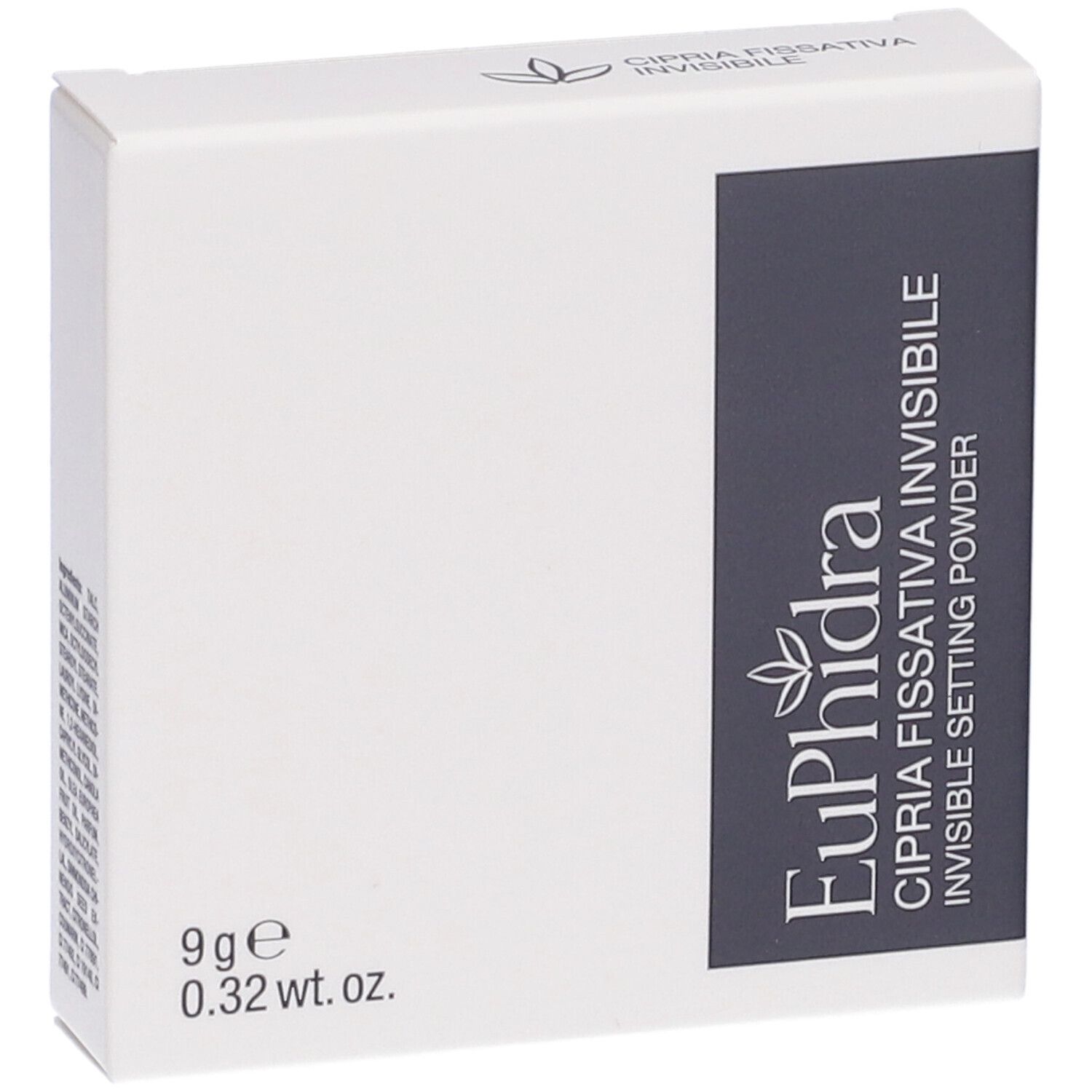 Weiße Verpackung für EuPhidra Invisible Setting Powder, 9g.