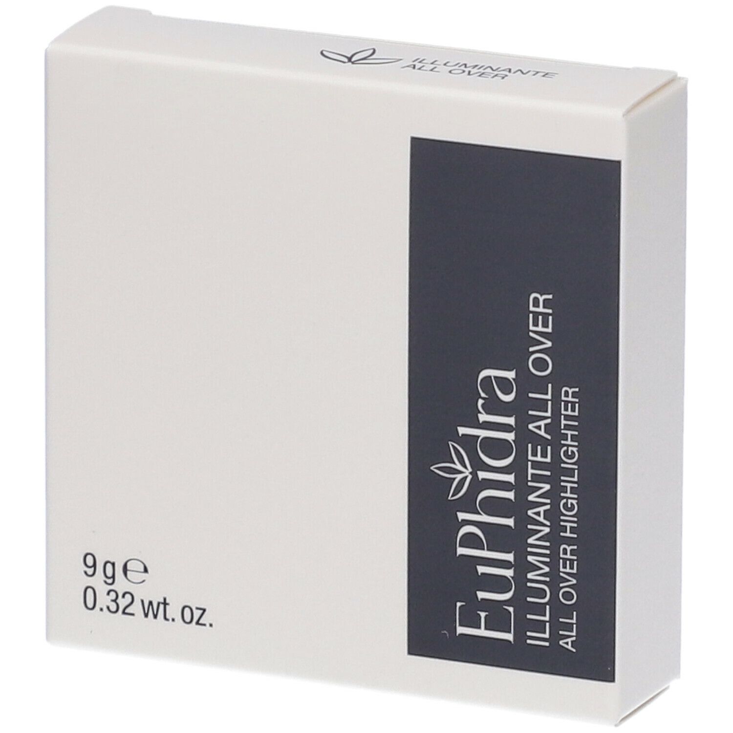 Confezione bianca con rettangolo blu scuro. Testo: Euphidra Illuminante All Over, 9g, 0.32 wt. oz.