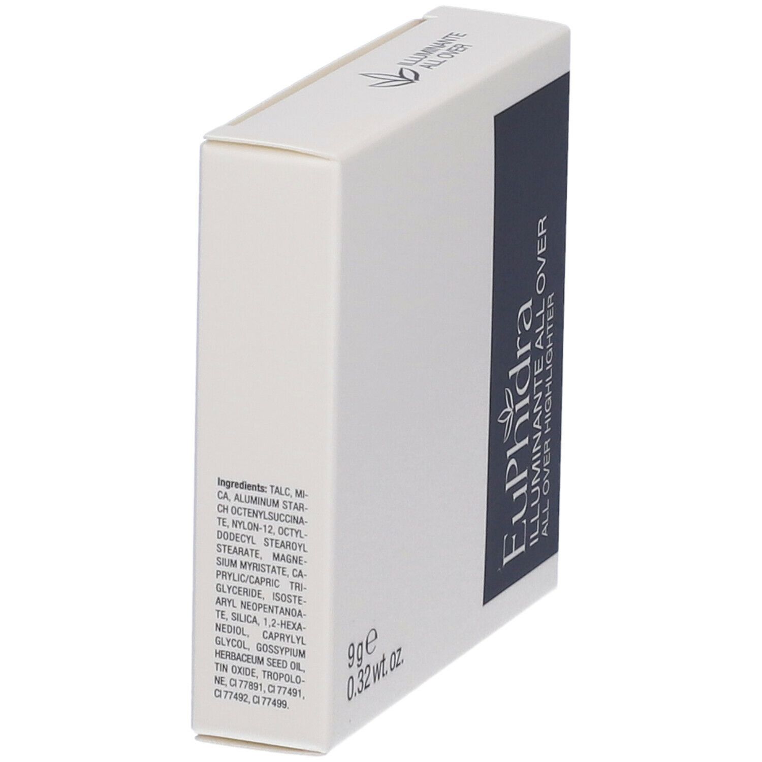 Confezione bianca, lato con ingredienti. Testo: Euphidra Illuminante All Over, 9g, 0.32 wt. oz.