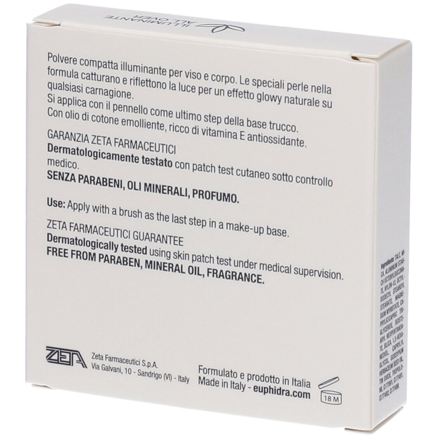 Retro della confezione bianca. Testo: ZETA FARMACEUTICI, Dermatologicamente testato, Made in Italy, 18M.