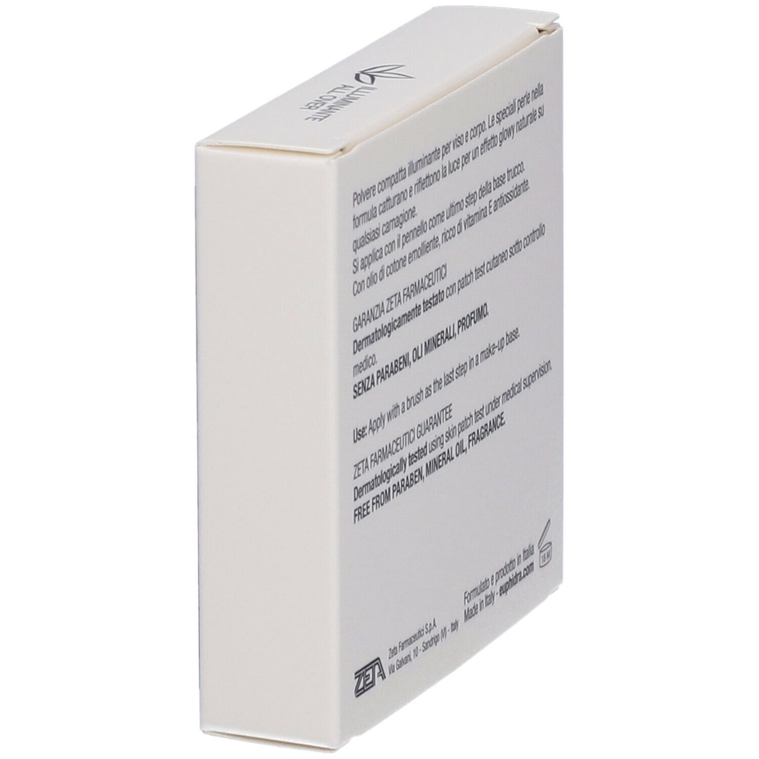 Confezione bianca, vista laterale. Testo: Euphidra Illuminante All Over, ZETA FARMACEUTICI, Made in Italy.