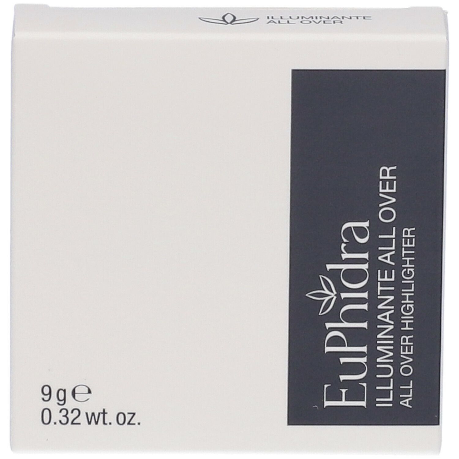 Confezione bianca con rettangolo blu scuro. Testo: Euphidra Illuminante All Over, 9g, 0.32 wt. oz.