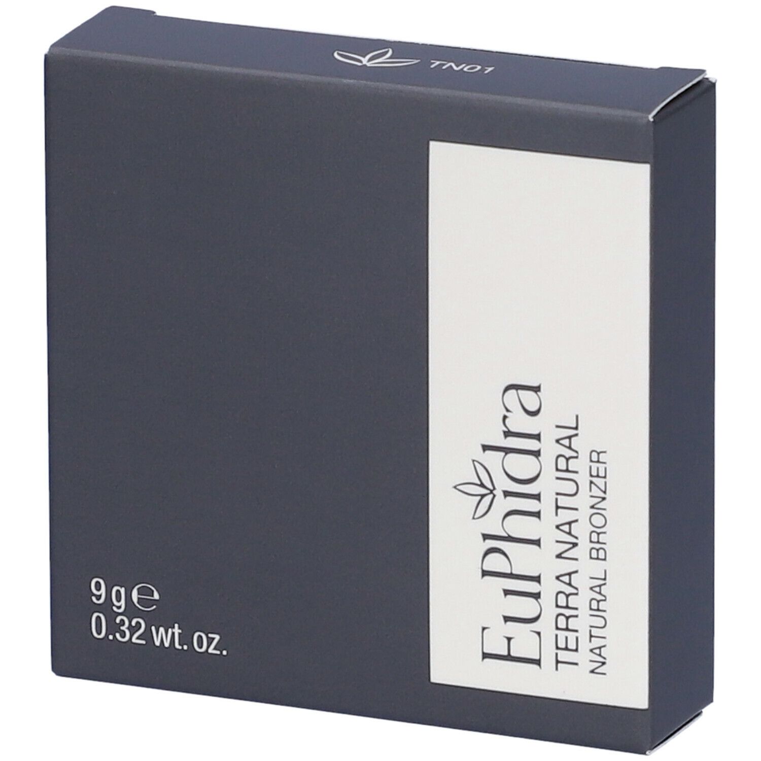 Confezione grigio scuro. Su campo bianco: Euphidra Terra Natural Natural Bronzer. 9g, 0.32 wt. oz.