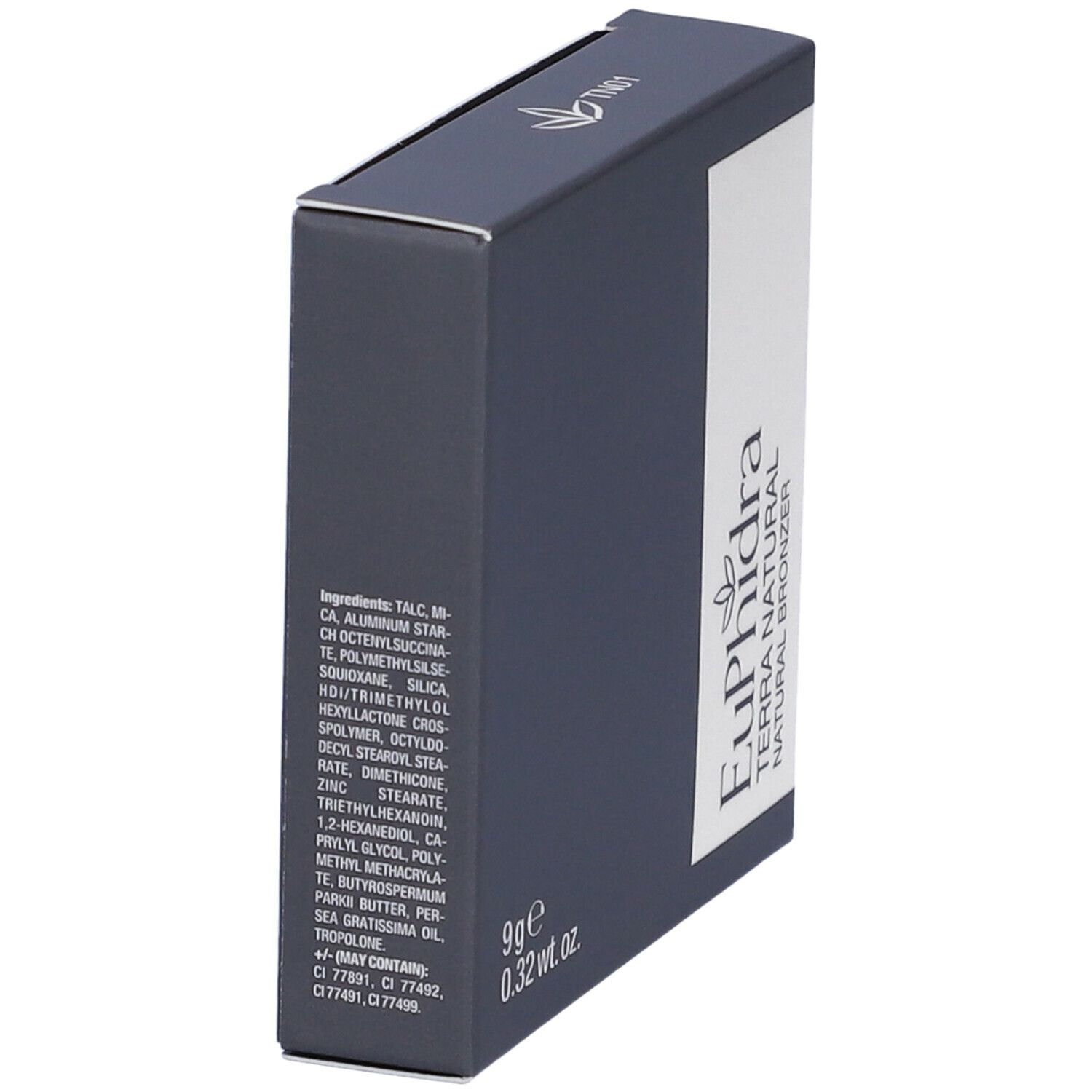 Confezione grigio scuro. Ingredienti e testo. Euphidra Terra Natural Natural Bronzer. 9g, 0.32 wt. oz.