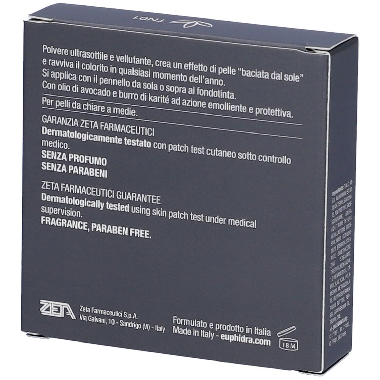 Retro della confezione. Testo in italiano. Garanzia Zeta Farmaceutici. Senza profumo, senza parabeni.