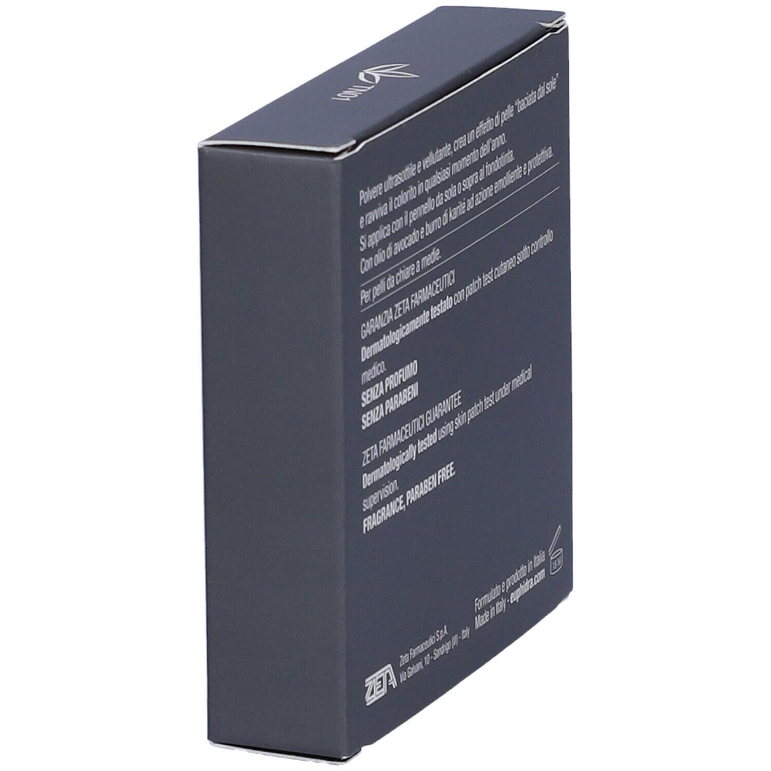 Confezione grigio scuro. Testo in italiano. Garanzia Zeta Farmaceutici. Senza profumo, senza parabeni.