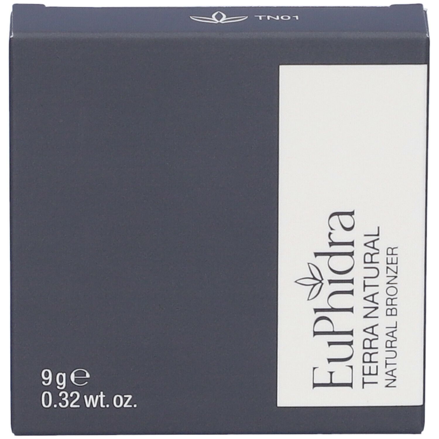 Confezione grigio scuro. Su campo bianco: Euphidra Terra Natural Natural Bronzer. 9g, 0.32 wt. oz.