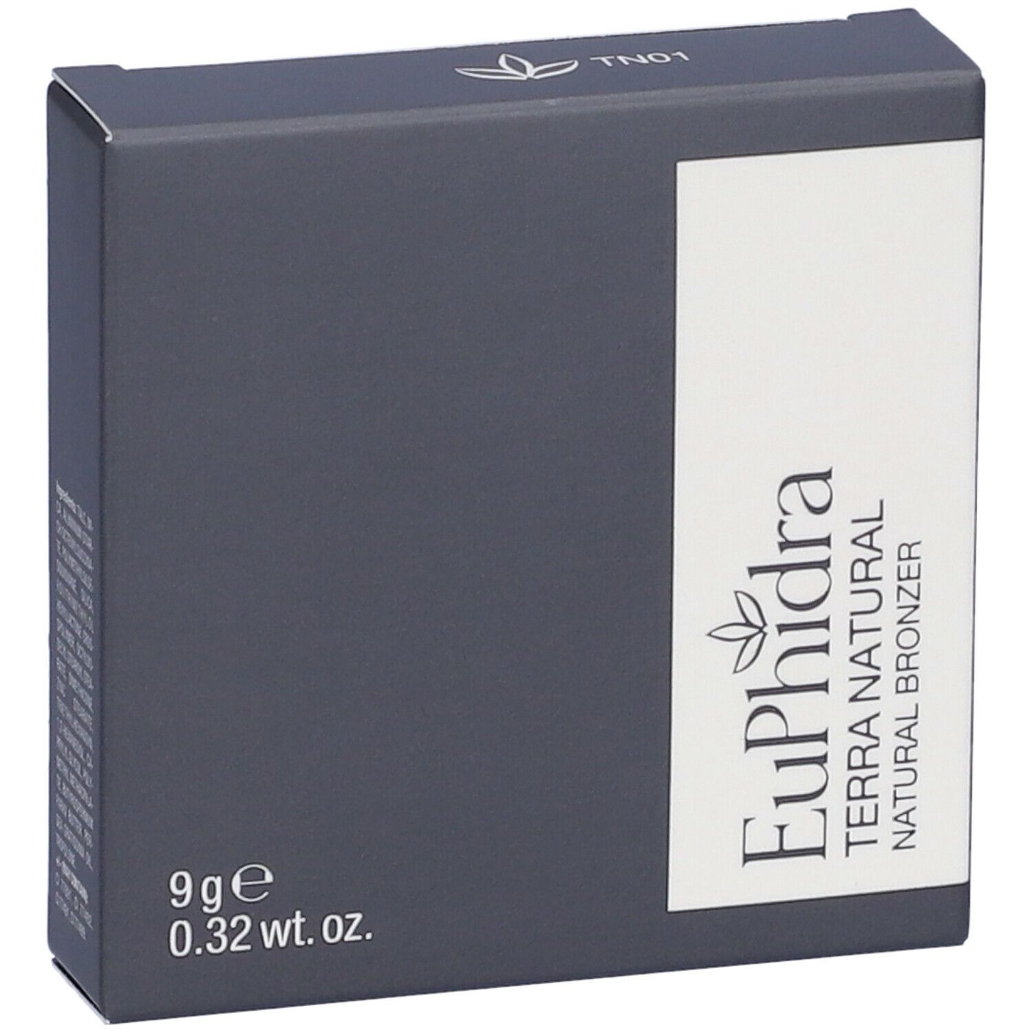 Confezione grigio scuro. Su campo bianco: Euphidra Terra Natural Natural Bronzer. 9g, 0.32 wt. oz.