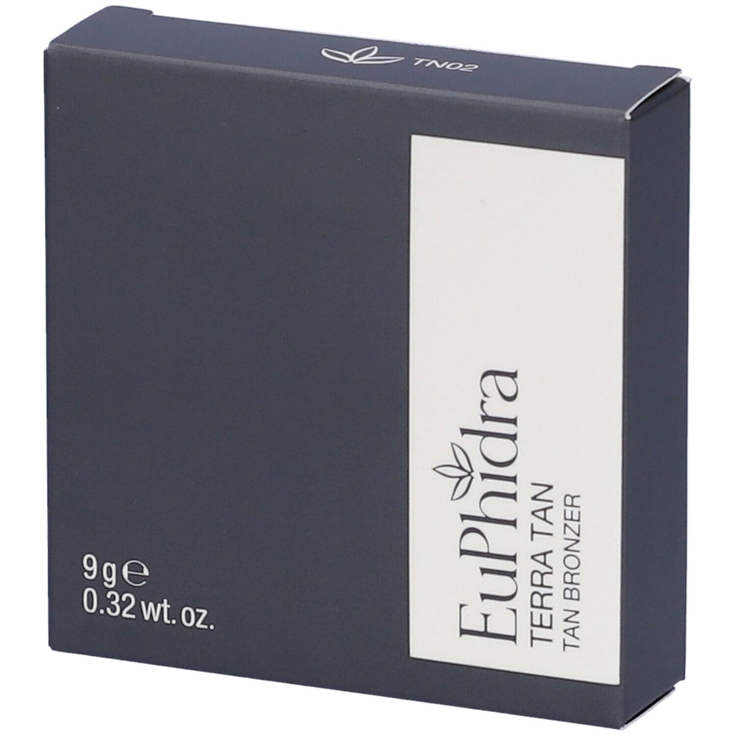 Confezione grigio scuro con etichetta bianca. Contiene Euphidra Terra Tan TN02. 9g, 0.32 wt. oz. Stampato.