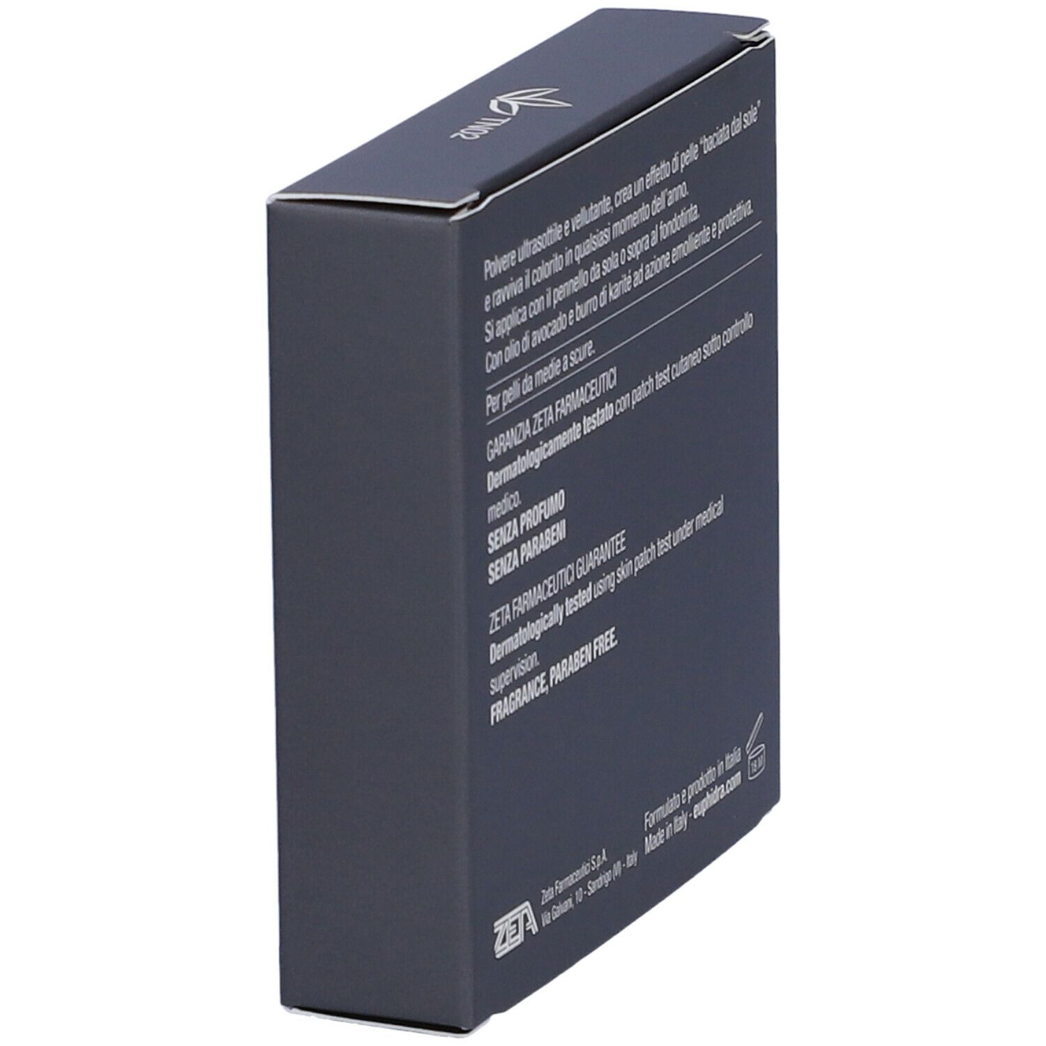 Confezione grigio scuro, retro. Testo: Garanzia Zeta Farmaceutici. Dermatologicamente testato. Senza profumo, parabeni.