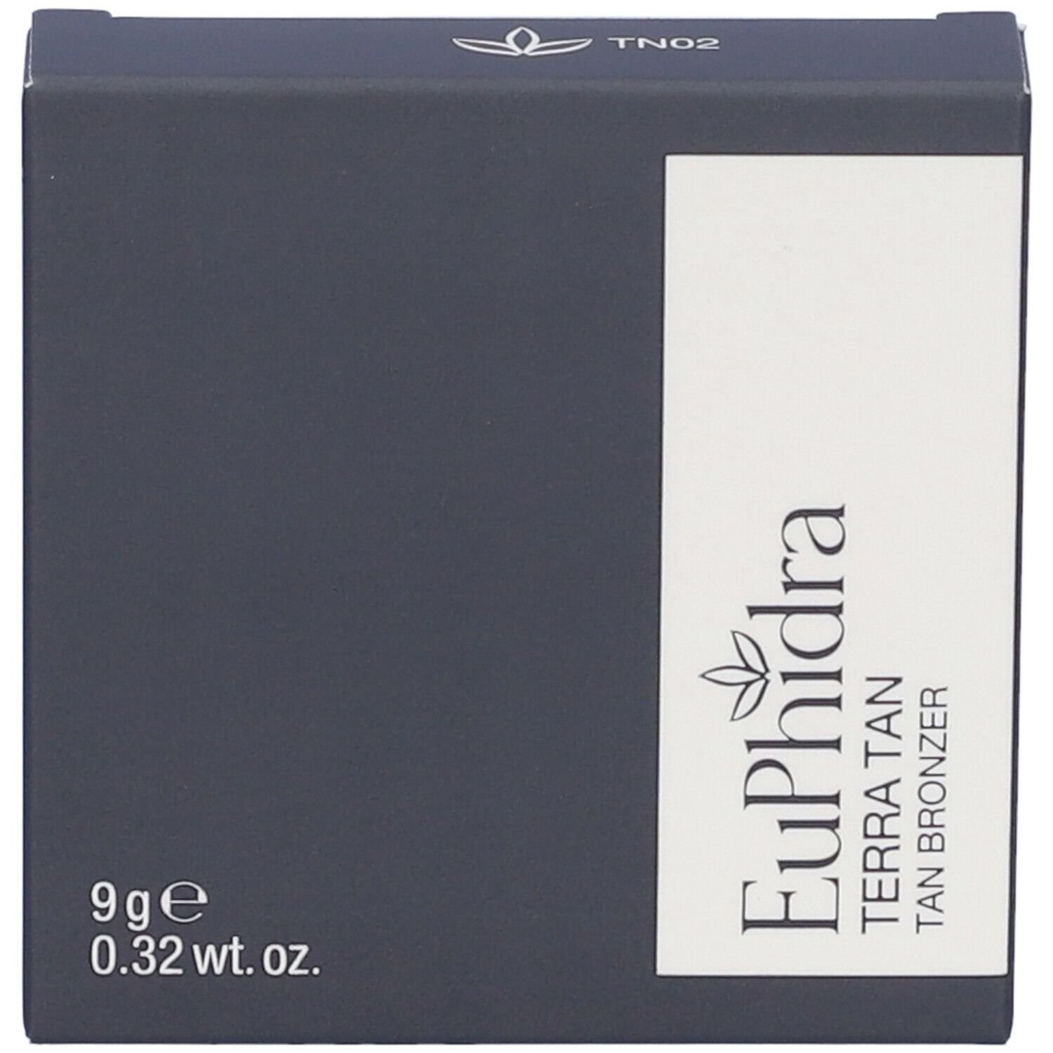 Confezione grigio scuro con etichetta bianca. Contiene Euphidra Terra Tan TN02. 9g, 0.32 wt. oz. Stampato.