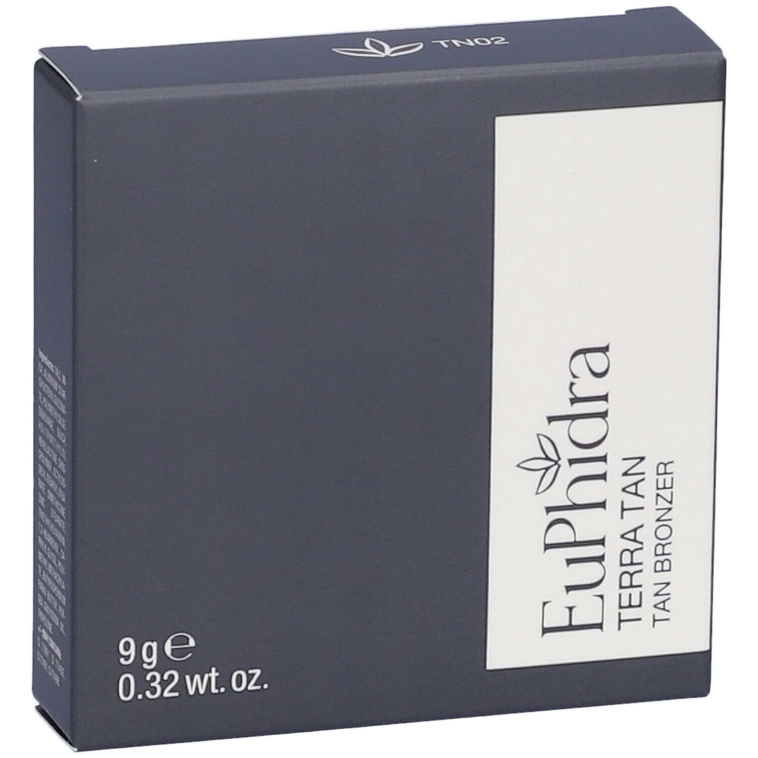 Confezione grigio scuro con etichetta bianca. Contiene Euphidra Terra Tan TN02. 9g, 0.32 wt. oz. Stampato.