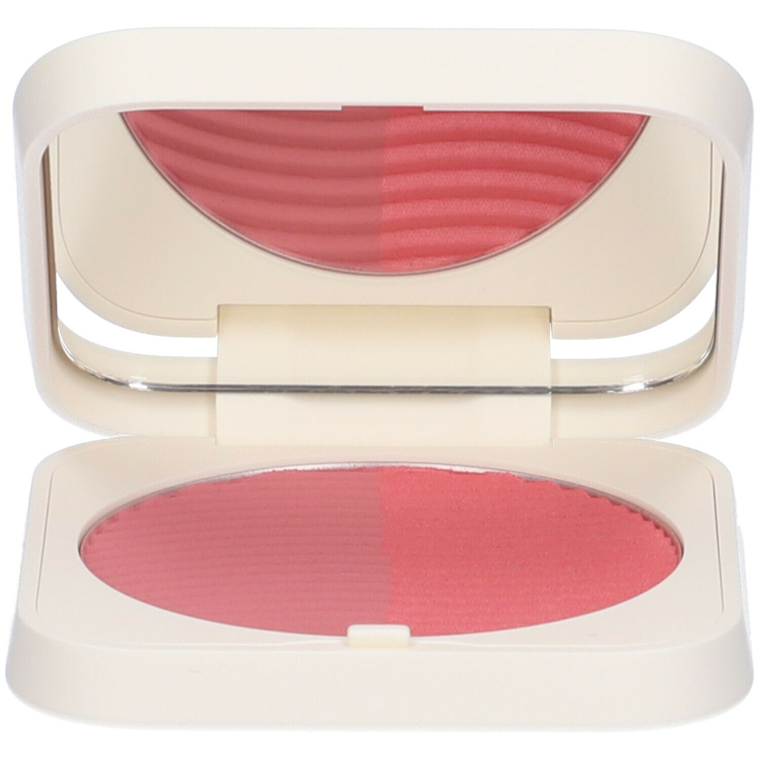 Duo blush in astuccio color crema aperto. Due tonalità di rosa, specchio nel coperchio. Motivo ondulato sulla polvere.