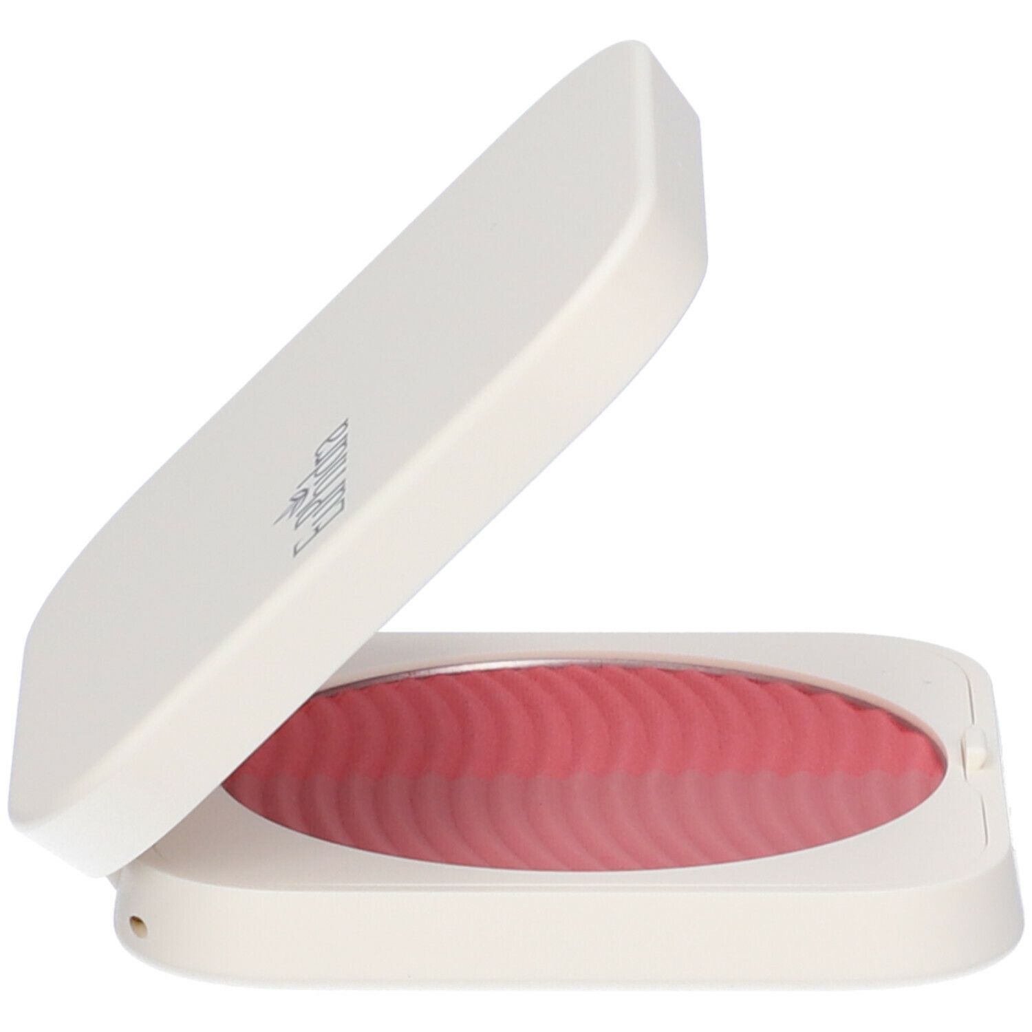 Astuccio color crema aperto con blush. Motivo ondulato sulla polvere rosa. Coperchio leggermente aperto.