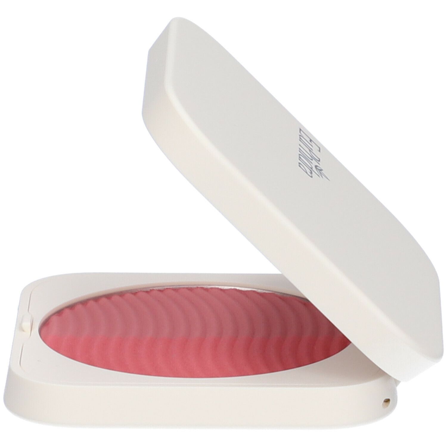 Astuccio color crema, aperto. Blush con motivo ondulato. Coperchio leggermente aperto.