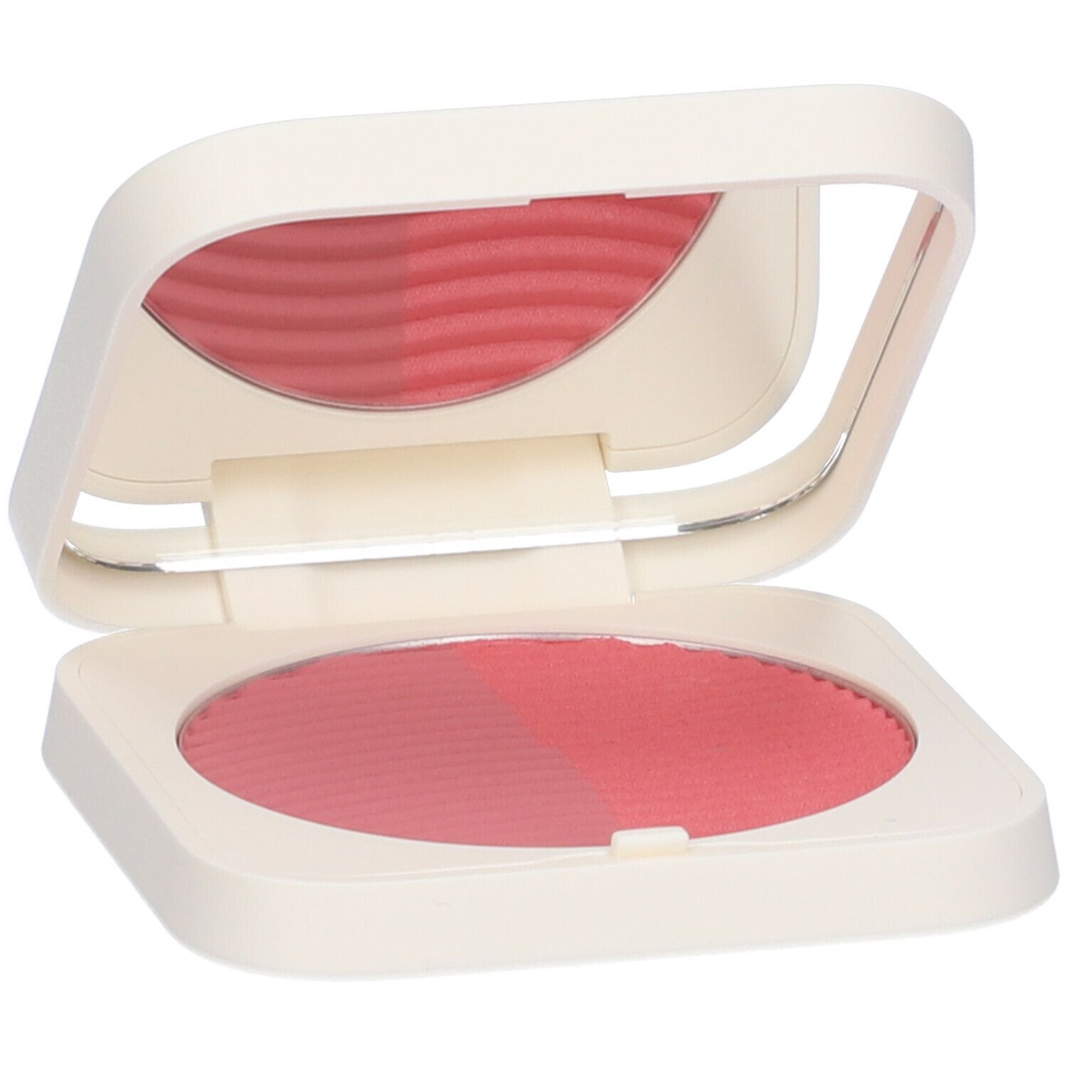Astuccio color crema aperto. Blush in due tonalità di rosa, specchio nel coperchio.