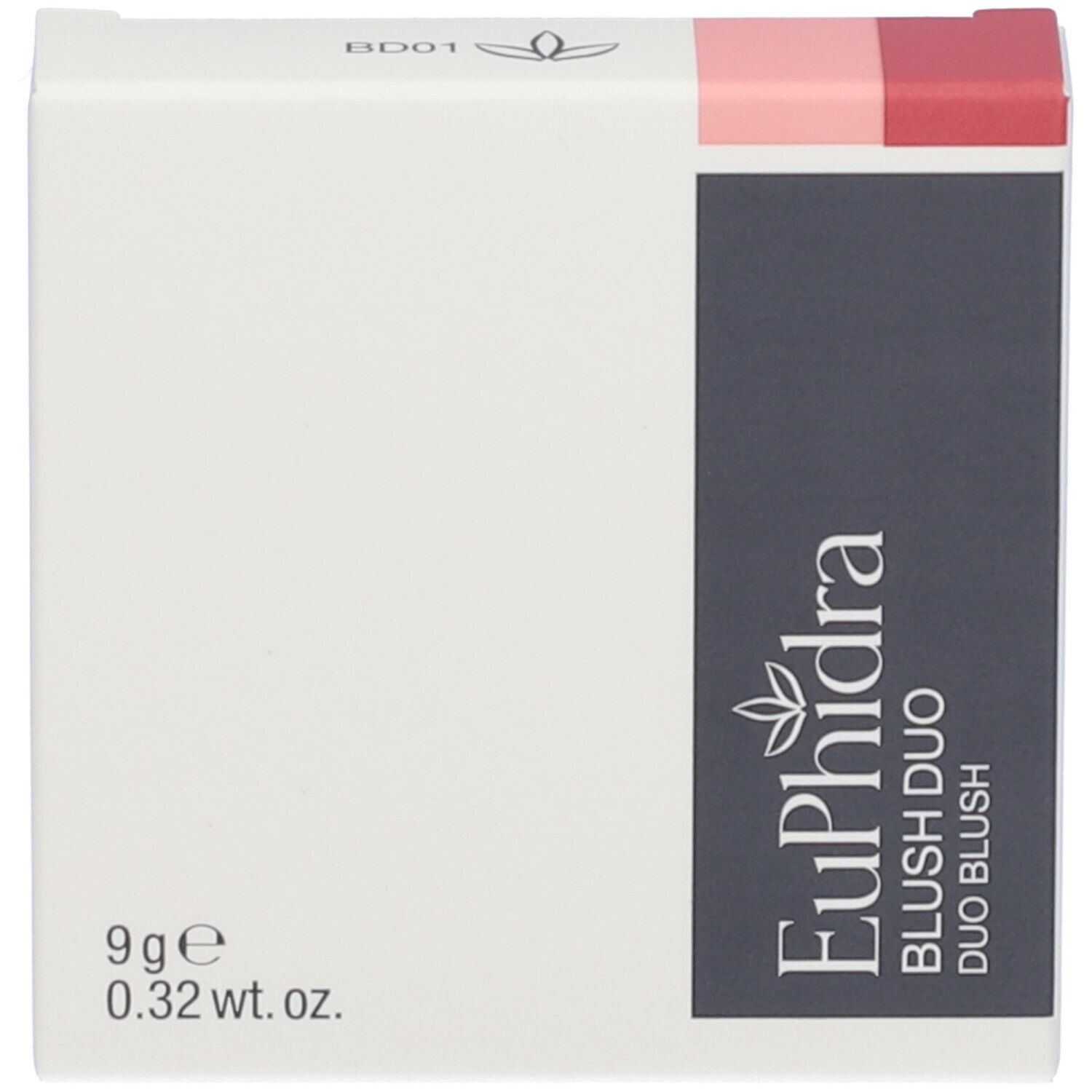 Confezione per duo blush. Bianca con striscia rosa e blu scuro. Nome del prodotto e dettagli.