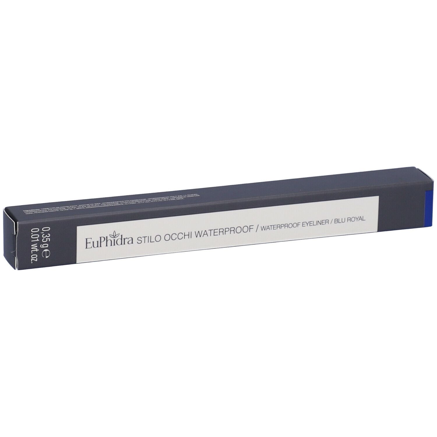 Confezione nera con testo bianco. Contiene Euphidra Stilo Occhi Waterproof SO03 Blu Royal. Peso: 0,35 g.