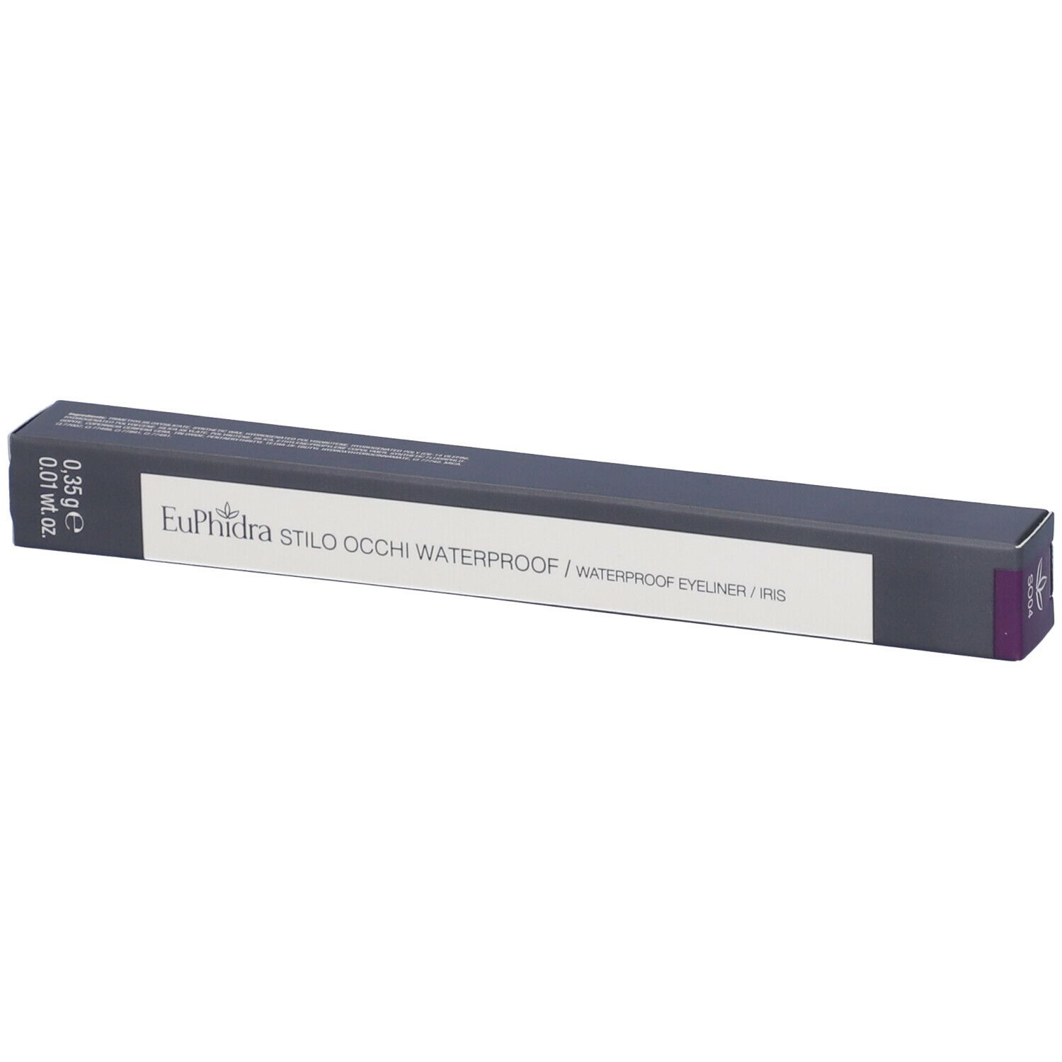 Confezione rettangolare nera. Scritta: Euphidra Stilo Occhi Waterproof. Peso: 0,35 g. Iris.