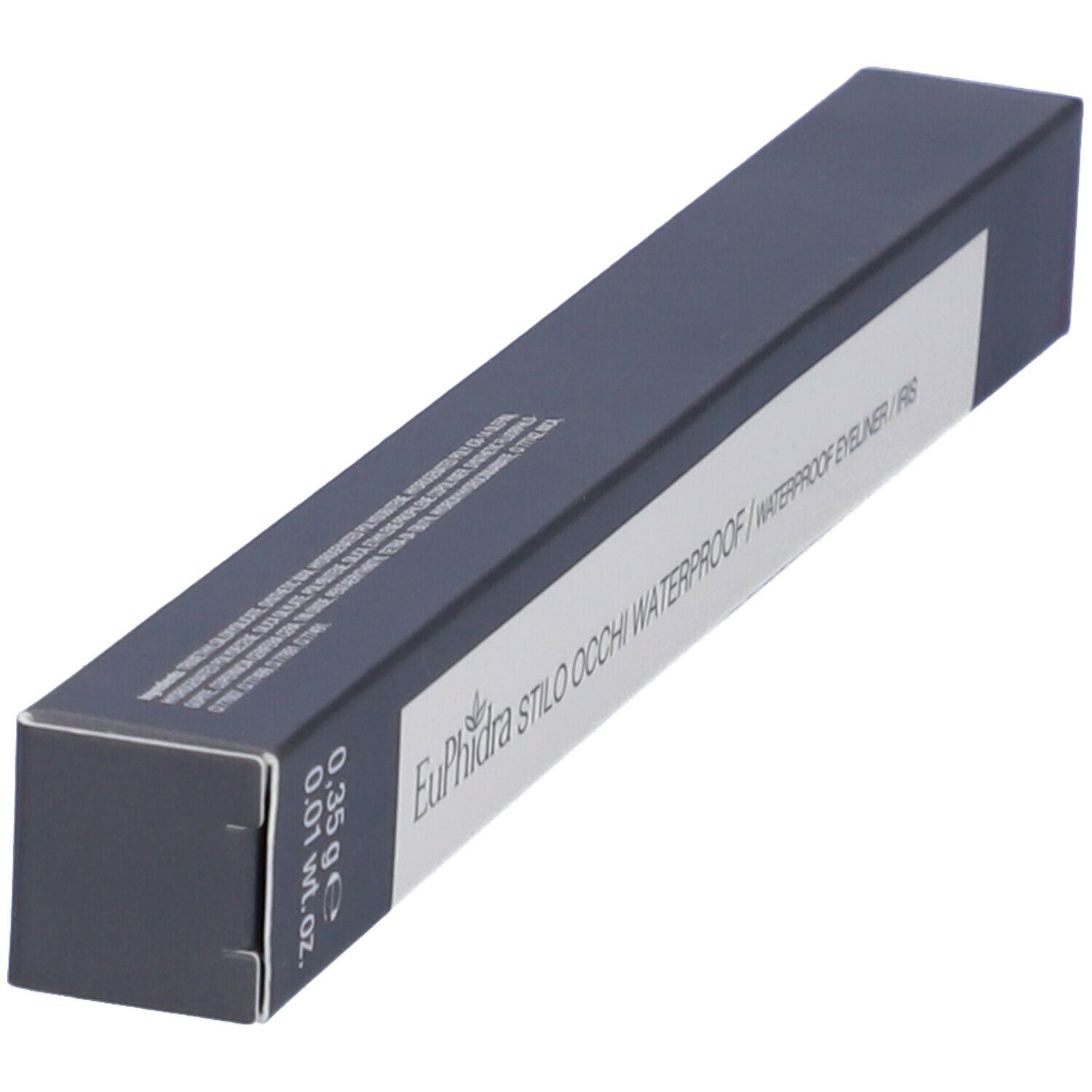 Confezione rettangolare nera. Scritta: Euphidra Stilo Occhi Waterproof. Peso: 0,35 g. Iris.