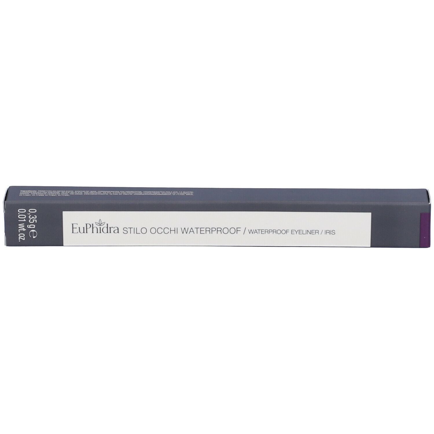 Confezione rettangolare nera. Scritta: Euphidra Stilo Occhi Waterproof. Peso: 0,35 g. Iris.