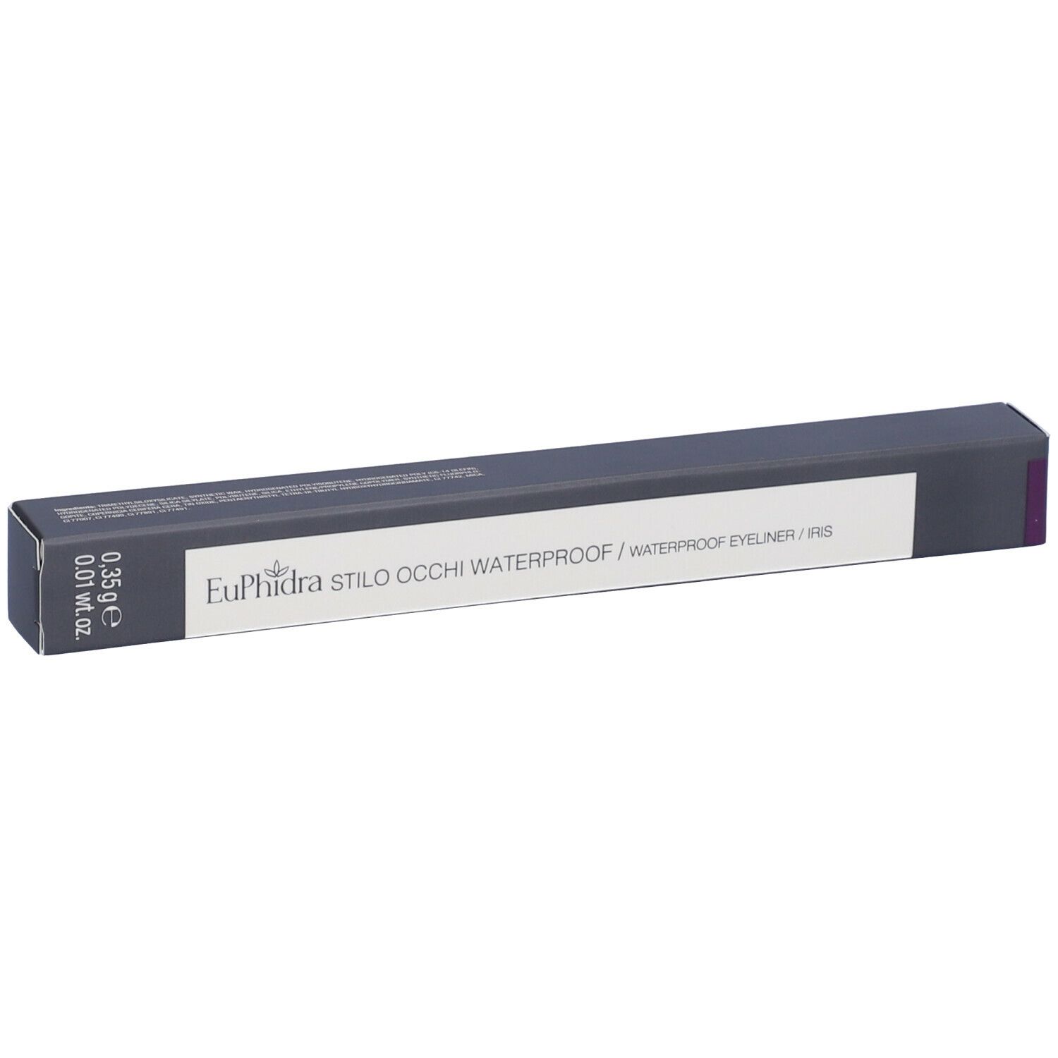 Confezione rettangolare nera. Scritta: Euphidra Stilo Occhi Waterproof. Peso: 0,35 g. Iris.
