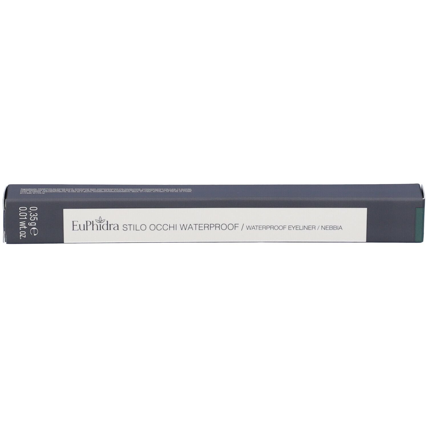Confezione nera con nome prodotto Euphidra Stilo Occhi Waterproof. Peso 0,35 g. Nebbia.