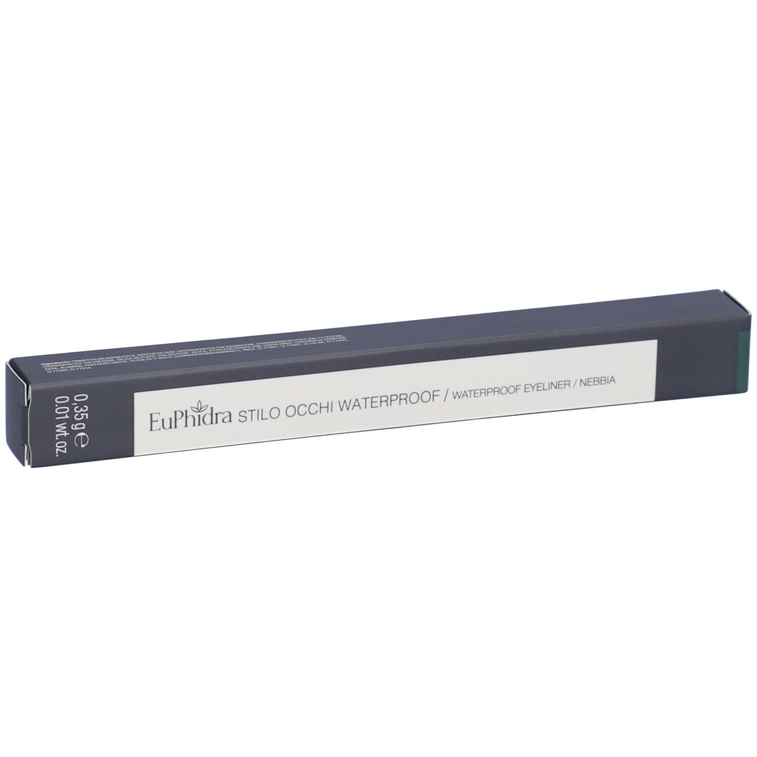 Confezione nera con nome prodotto Euphidra Stilo Occhi Waterproof. Peso 0,35 g. Nebbia.