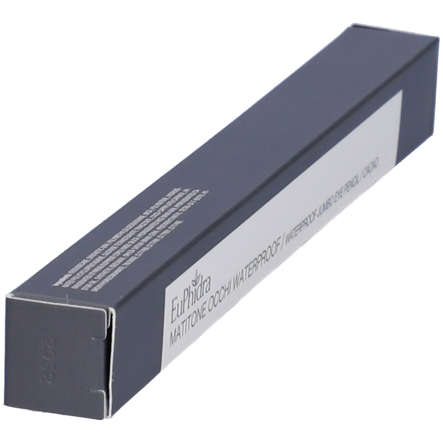 Confezione rettangolare grigio scuro. Scritta: Euphidra, Matitone Occhi Waterproof, Jumbo Eye Pencil, Cacao. Vista angolata.