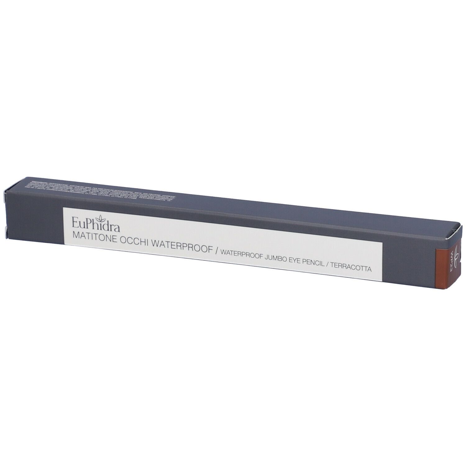 Confezione grigio scuro con etichetta bianca. Contiene Euphidra Matitone Occhi Waterproof WP23 Terracotta. Dettagli marroni.