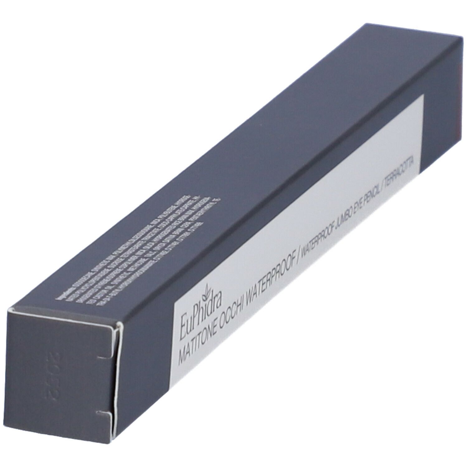 Confezione grigio scuro, angolata. Etichetta bianca con informazioni prodotto. Contiene Euphidra Matitone Occhi Waterproof WP23 Terracotta.