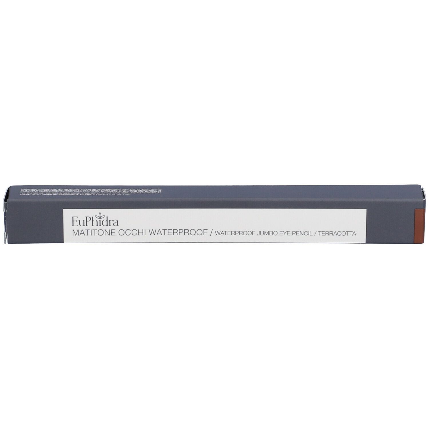 Confezione grigio scuro con etichetta bianca. Contiene Euphidra Matitone Occhi Waterproof WP23 Terracotta. Dettagli marroni.